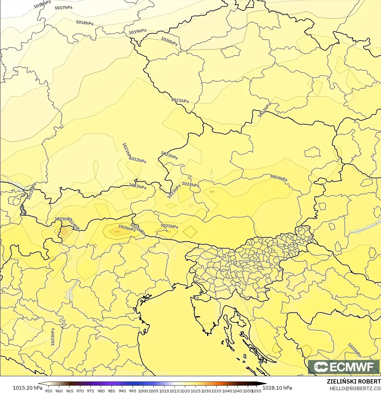 ECMWF IFS 0.25° modelo - Austria, Presión