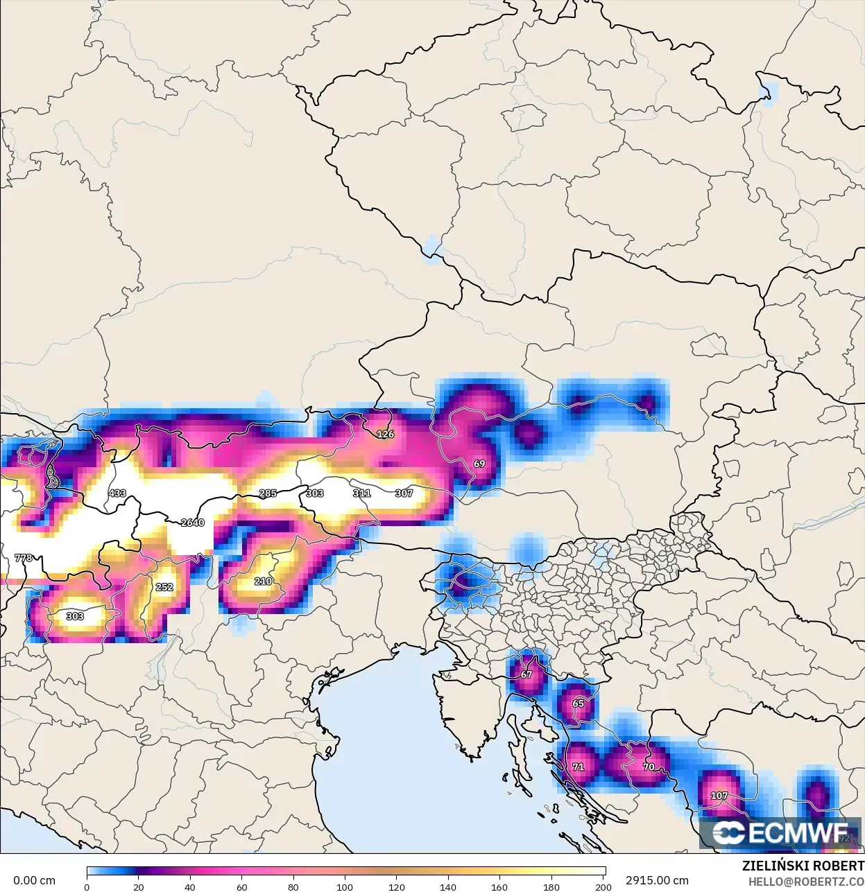 ECMWF IFS 0.25° modelo - Austria, Profundidad de nieve