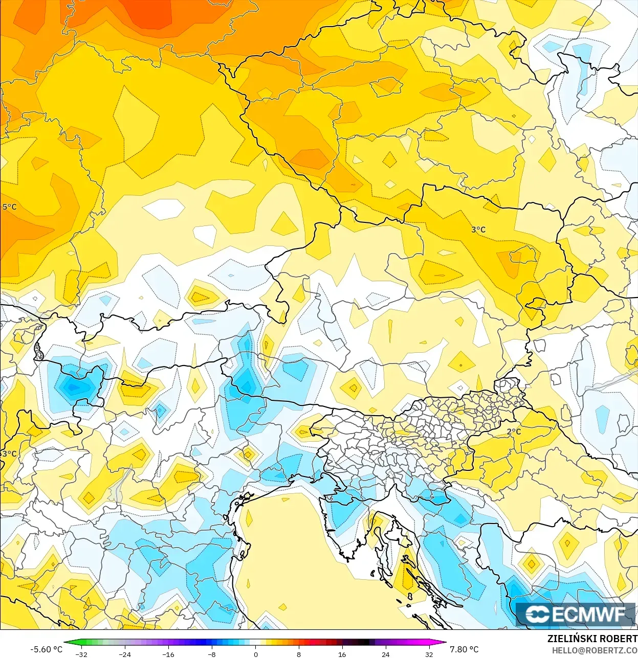 ECMWF IFS 0.25° modelo - Austria, Anomalía de temperatura a 2 m
