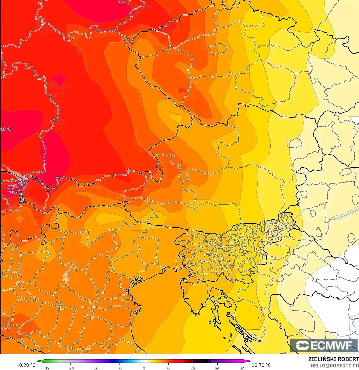 ECMWF IFS 0.25° modelo - Austria, Anomalía de temperatura a 850 hPa