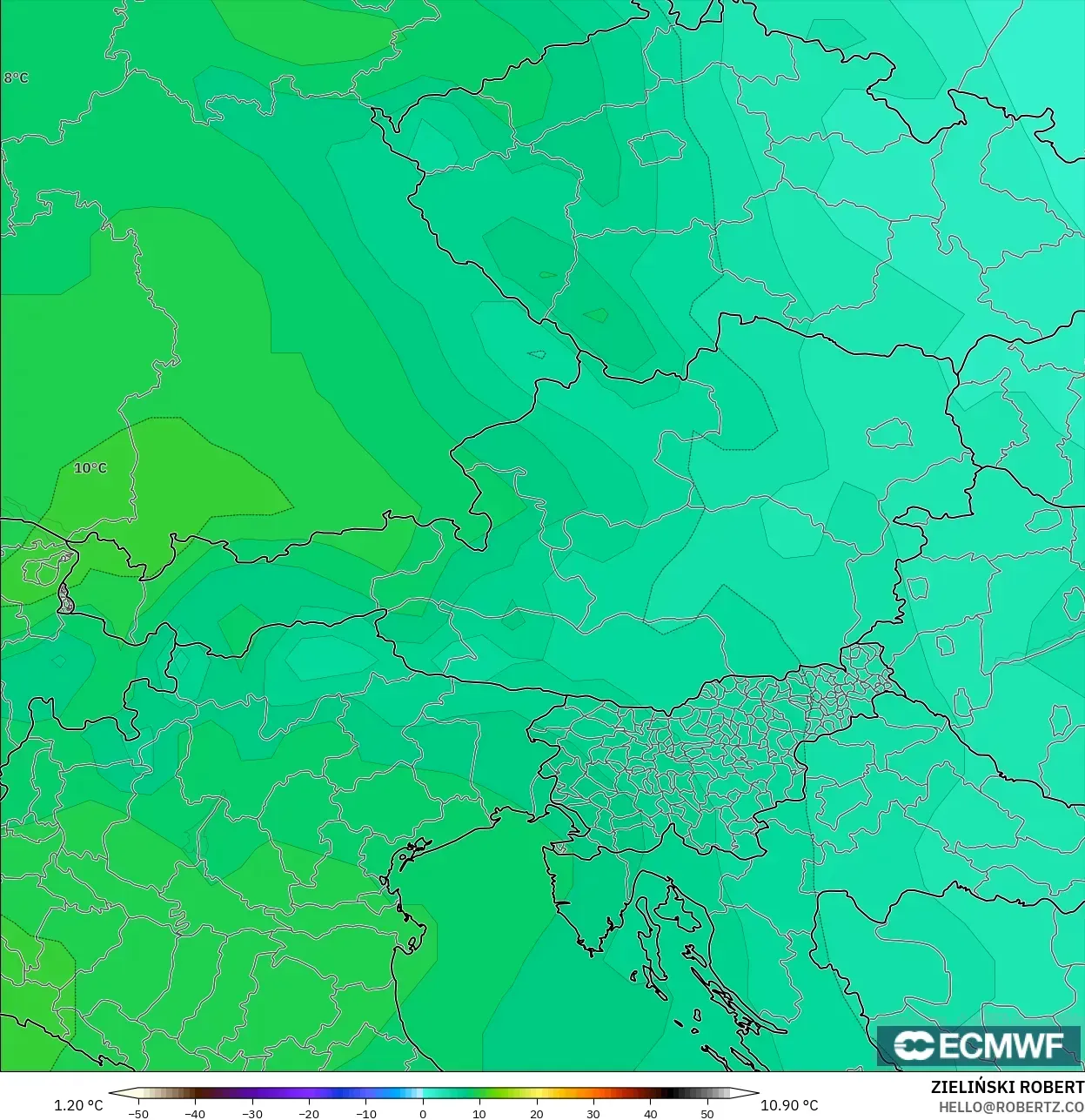 ECMWF IFS 0.25° modelo - Austria, Temperatura a 850 hPa