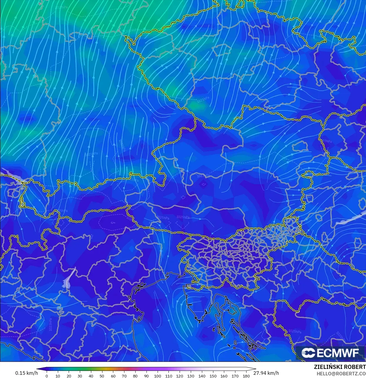 ECMWF IFS 0.25° modelo - Austria, Viento a 10 m