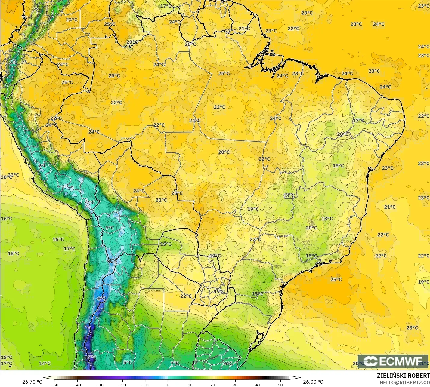 ECMWF IFS 0.25° modelo - Brasil, Punto de rocío a 2 m
