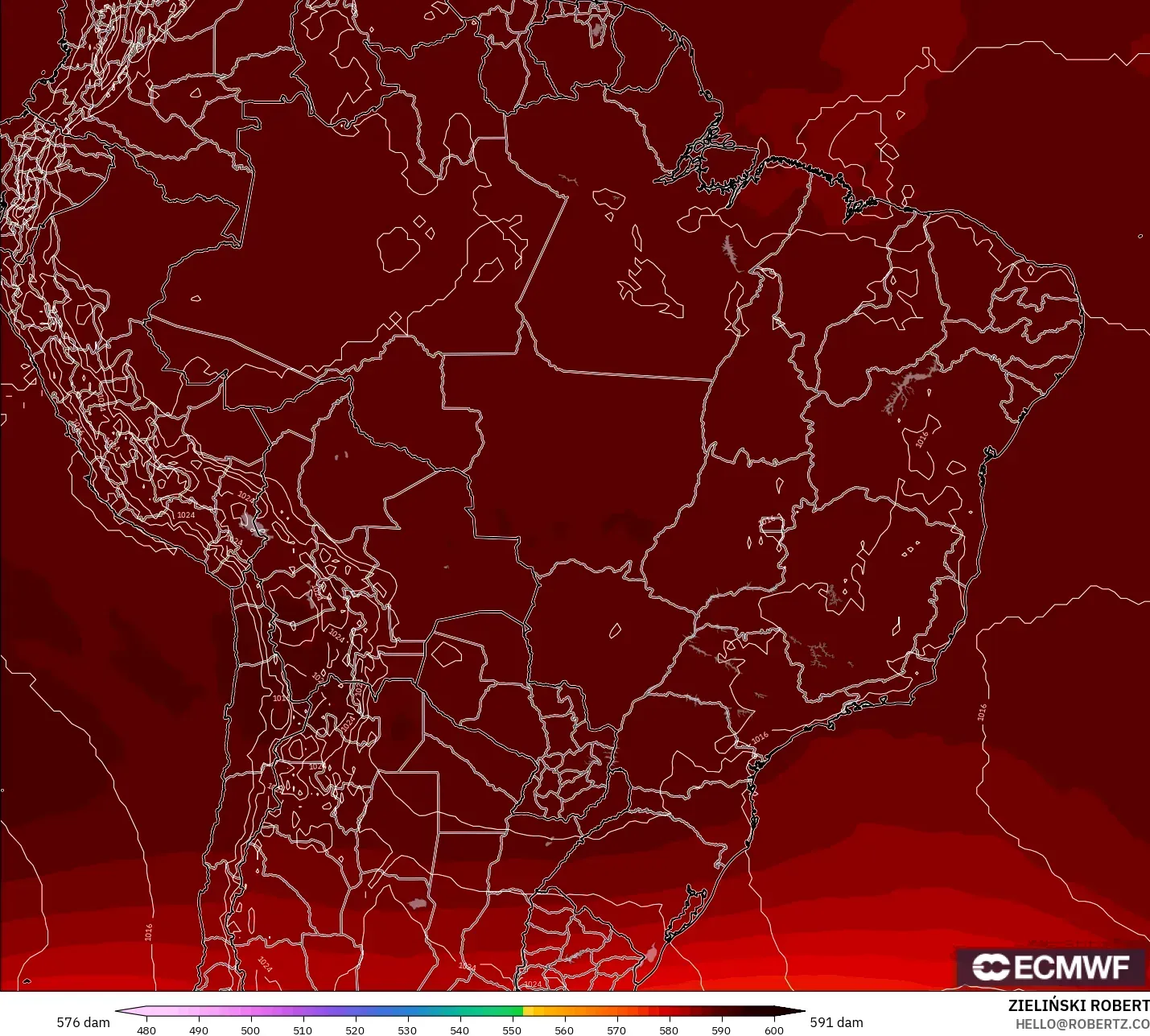 ECMWF IFS 0.25° modelo - Brasil, Altura geopotencial a 500 hPa