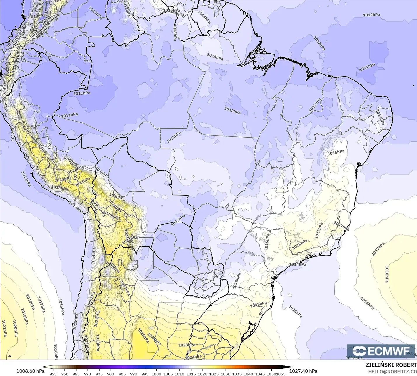 ECMWF IFS 0.25° modelo - Brasil, Presión