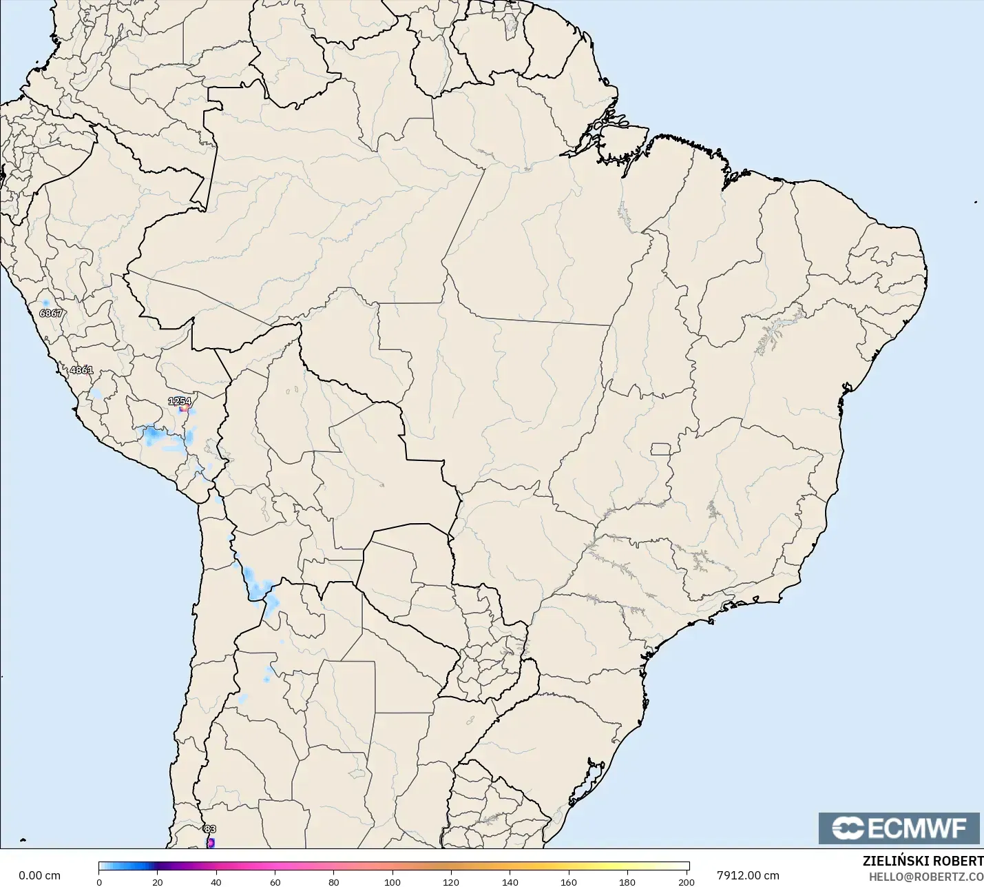 ECMWF IFS 0.25° modelo - Brasil, Profundidad de nieve