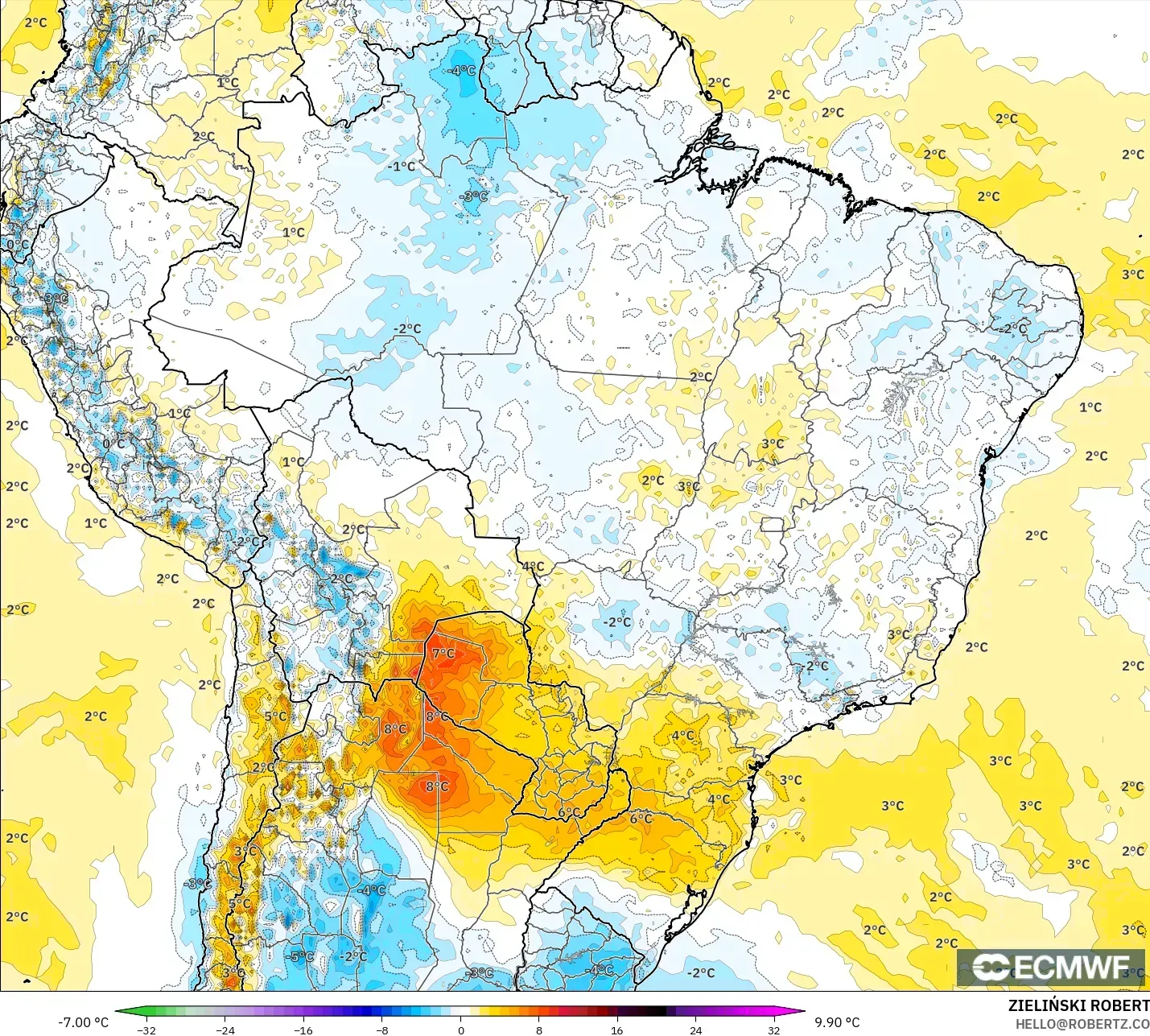 ECMWF IFS 0.25° modelo - Brasil, Anomalía de temperatura a 2 m