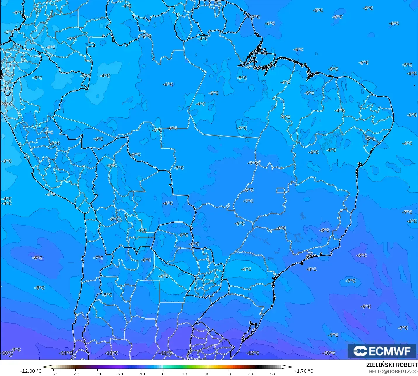 ECMWF IFS 0.25° modelo - Brasil, Temperatura a 500 hPa