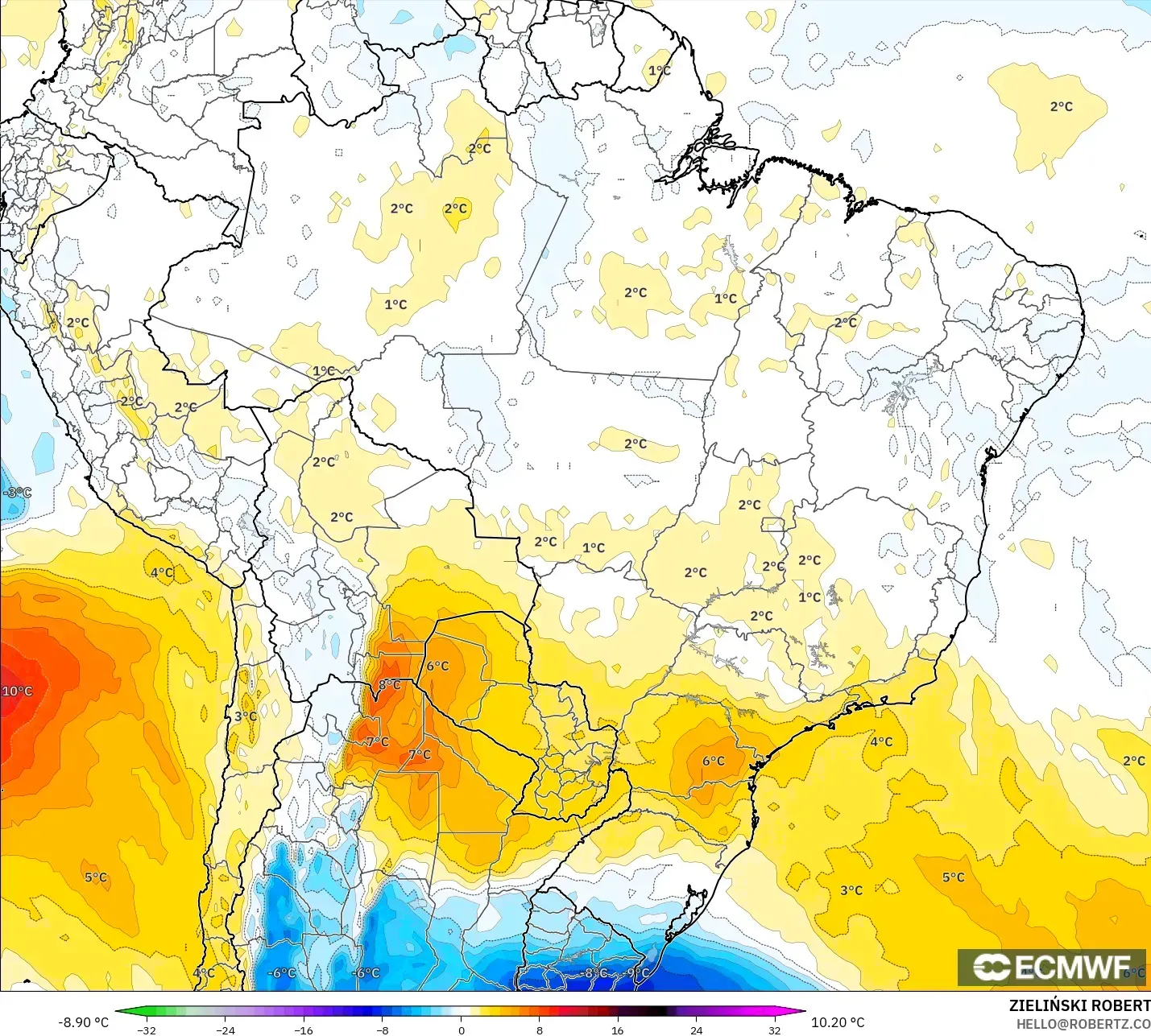 ECMWF IFS 0.25° modelo - Brasil, Anomalía de temperatura a 850 hPa