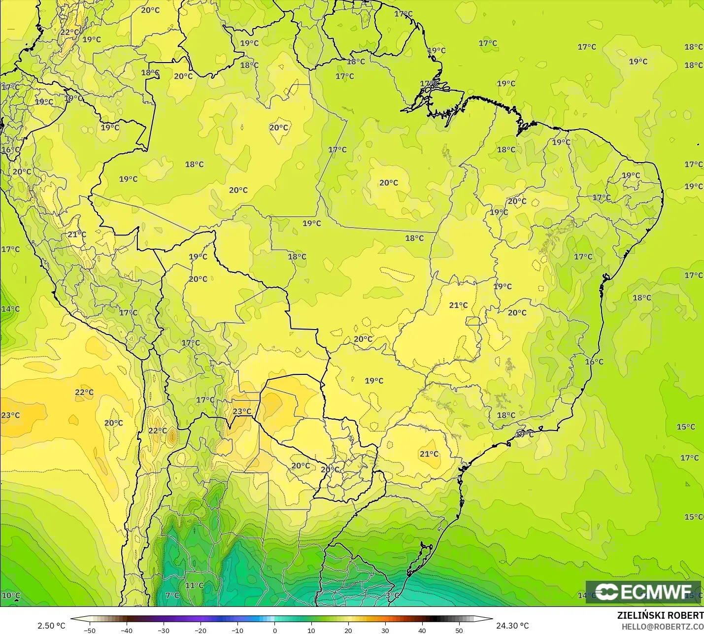 ECMWF IFS 0.25° modelo - Brasil, Temperatura a 850 hPa