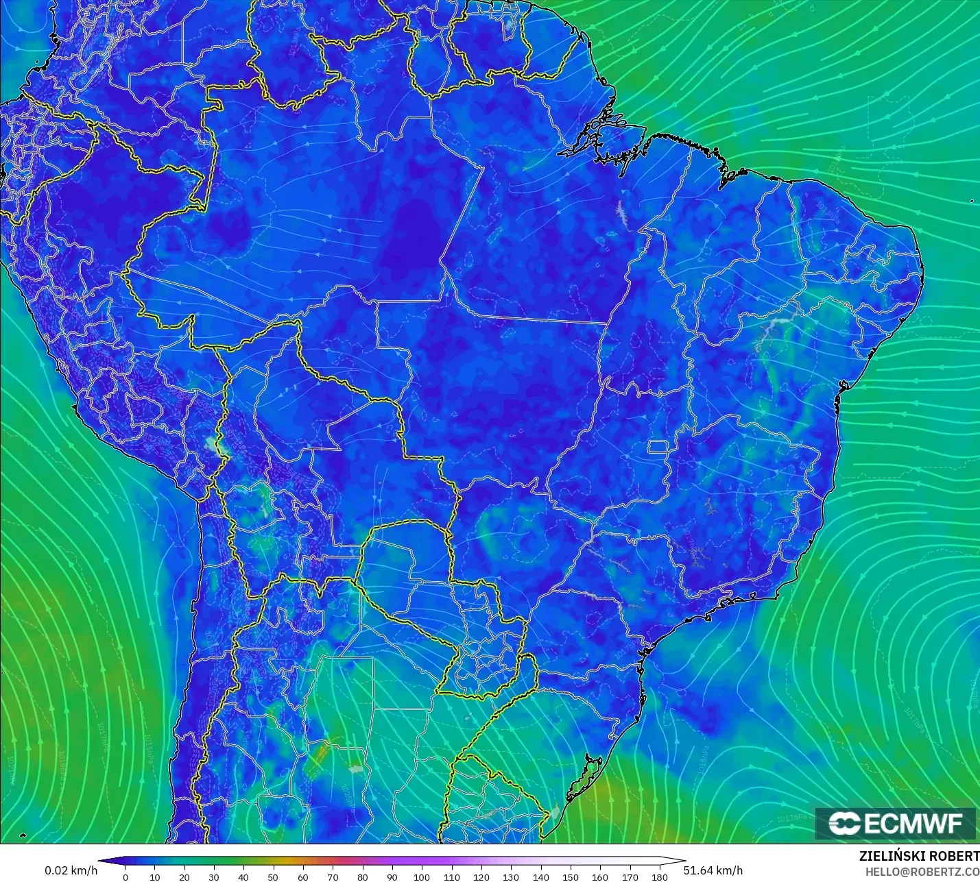 ECMWF IFS 0.25° modelo - Brasil, Viento a 10 m