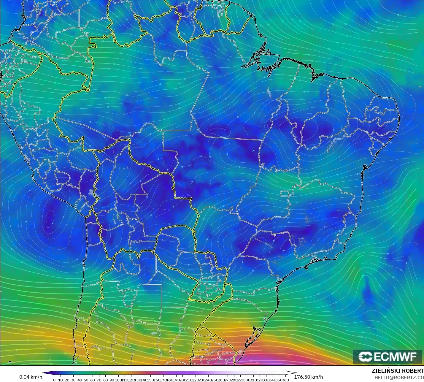 ECMWF IFS 0.25° modelo - Brasil, Viento a 300 hPa (corriente en chorro)