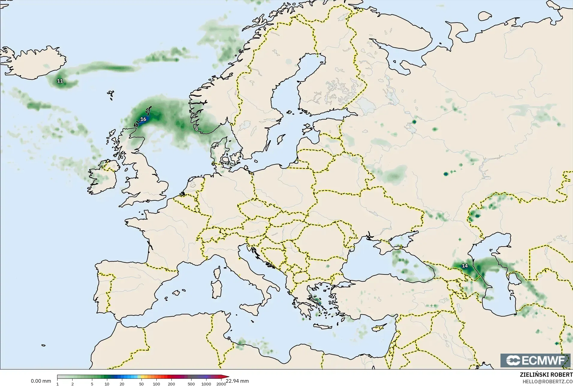 ECMWF IFS 0.25° modelo - Europa, Acumulación de precipitación