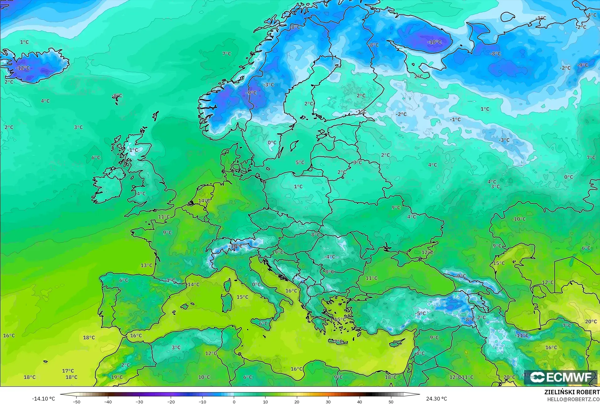 ECMWF IFS 0.25° modelo - Europa, Temperatura a 2 m