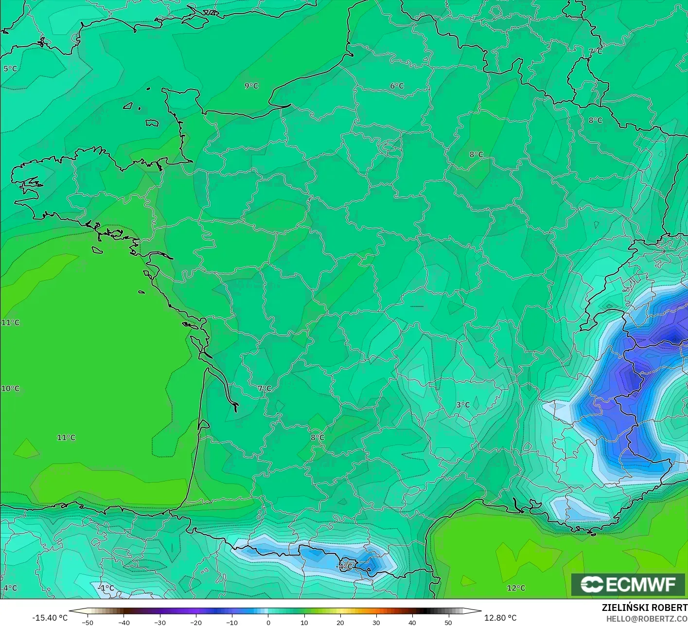 ECMWF IFS 0.25° modelo - Francia, Punto de rocío a 2 m