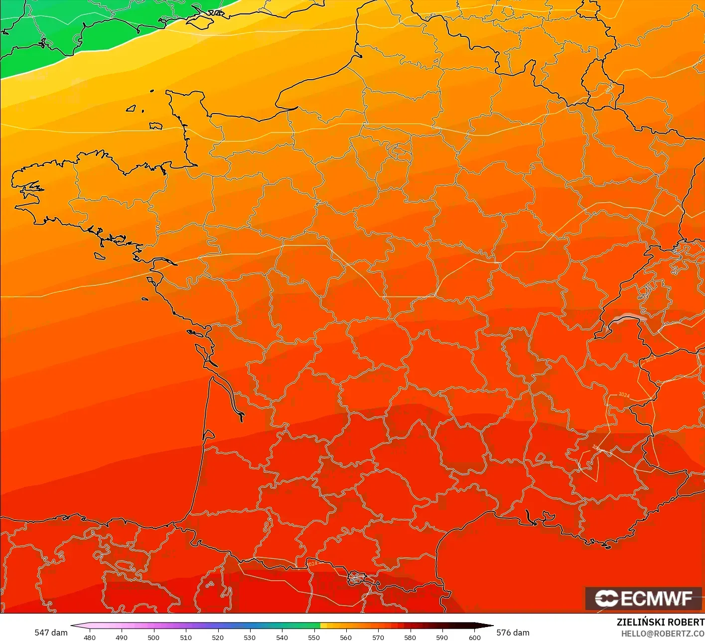 ECMWF IFS 0.25° modelo - Francia, Altura geopotencial a 500 hPa