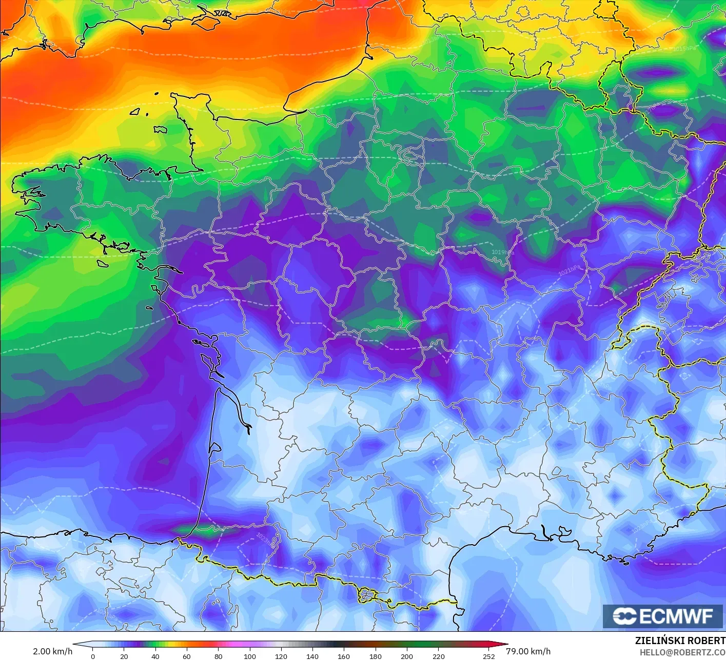 ECMWF IFS 0.25° modelo - Francia, Ráfagas de viento