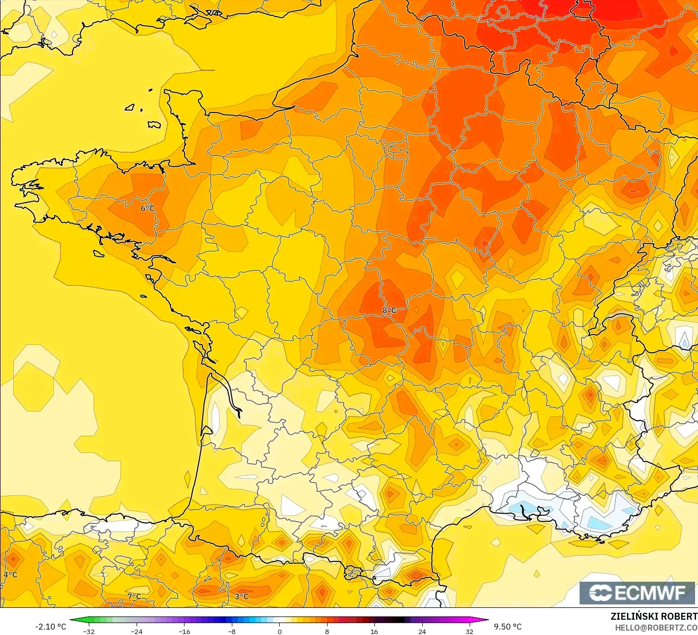 ECMWF IFS 0.25° modelo - Francia, Anomalía de temperatura a 2 m