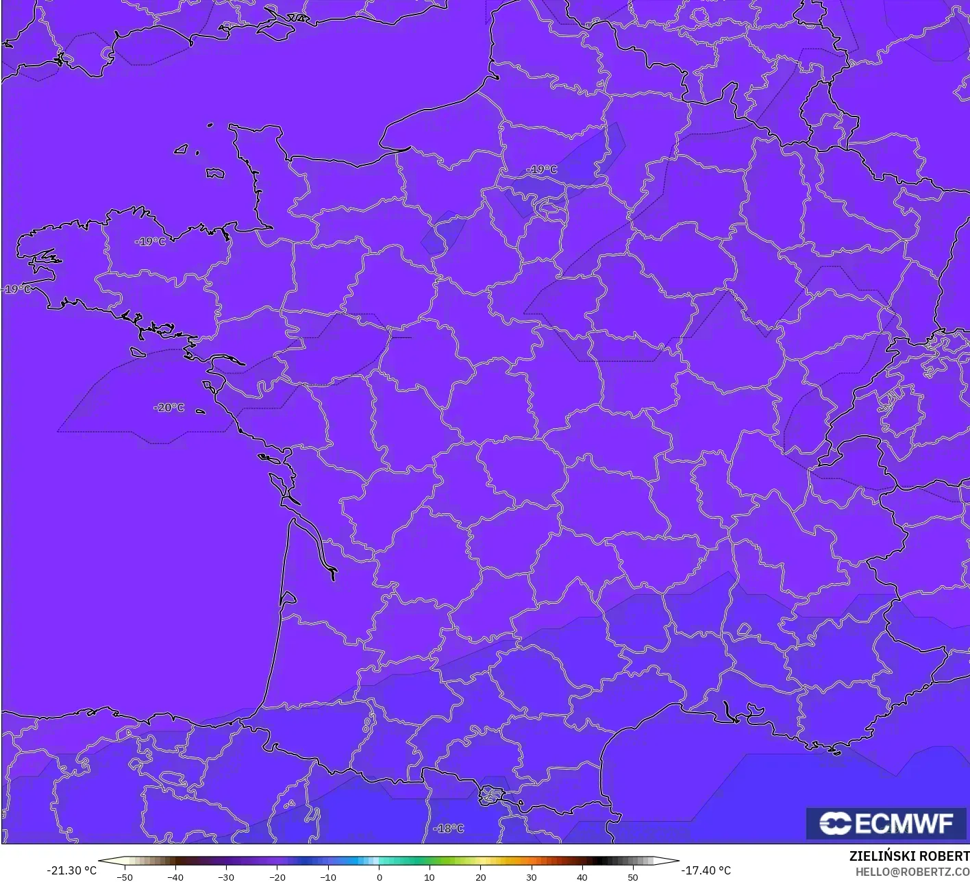 ECMWF IFS 0.25° modelo - Francia, Temperatura a 500 hPa