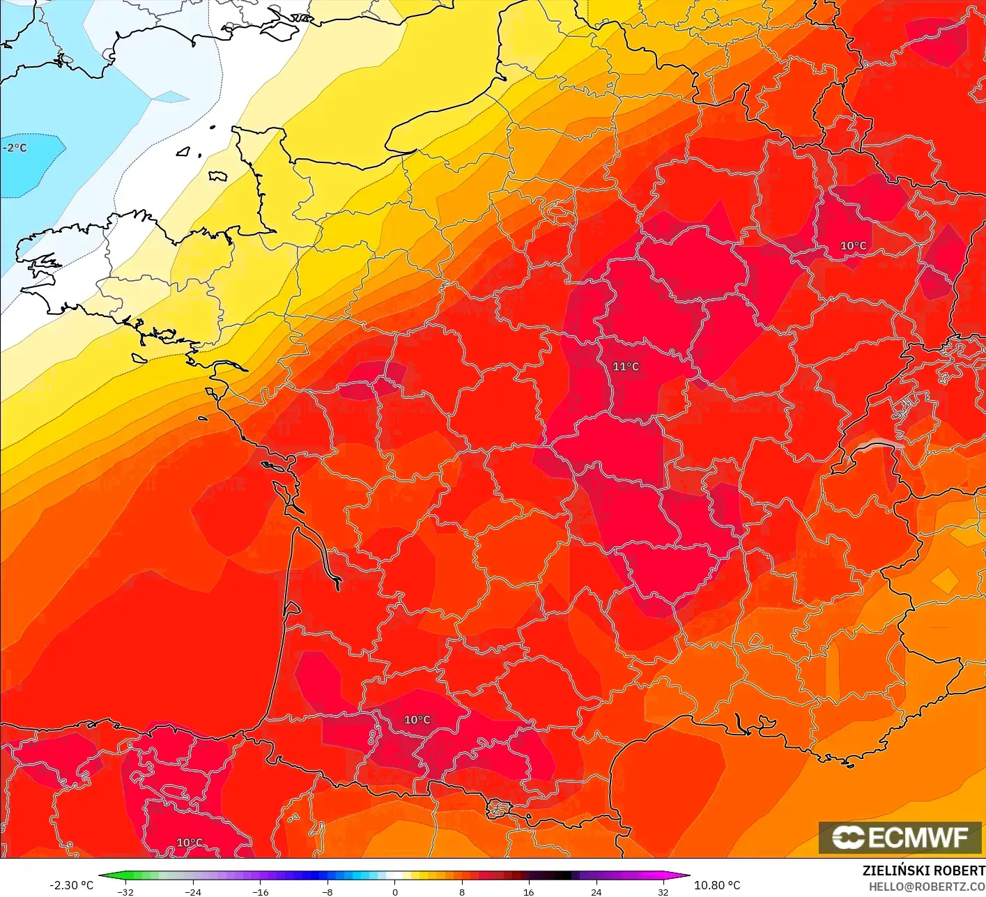 ECMWF IFS 0.25° modelo - Francia, Anomalía de temperatura a 850 hPa