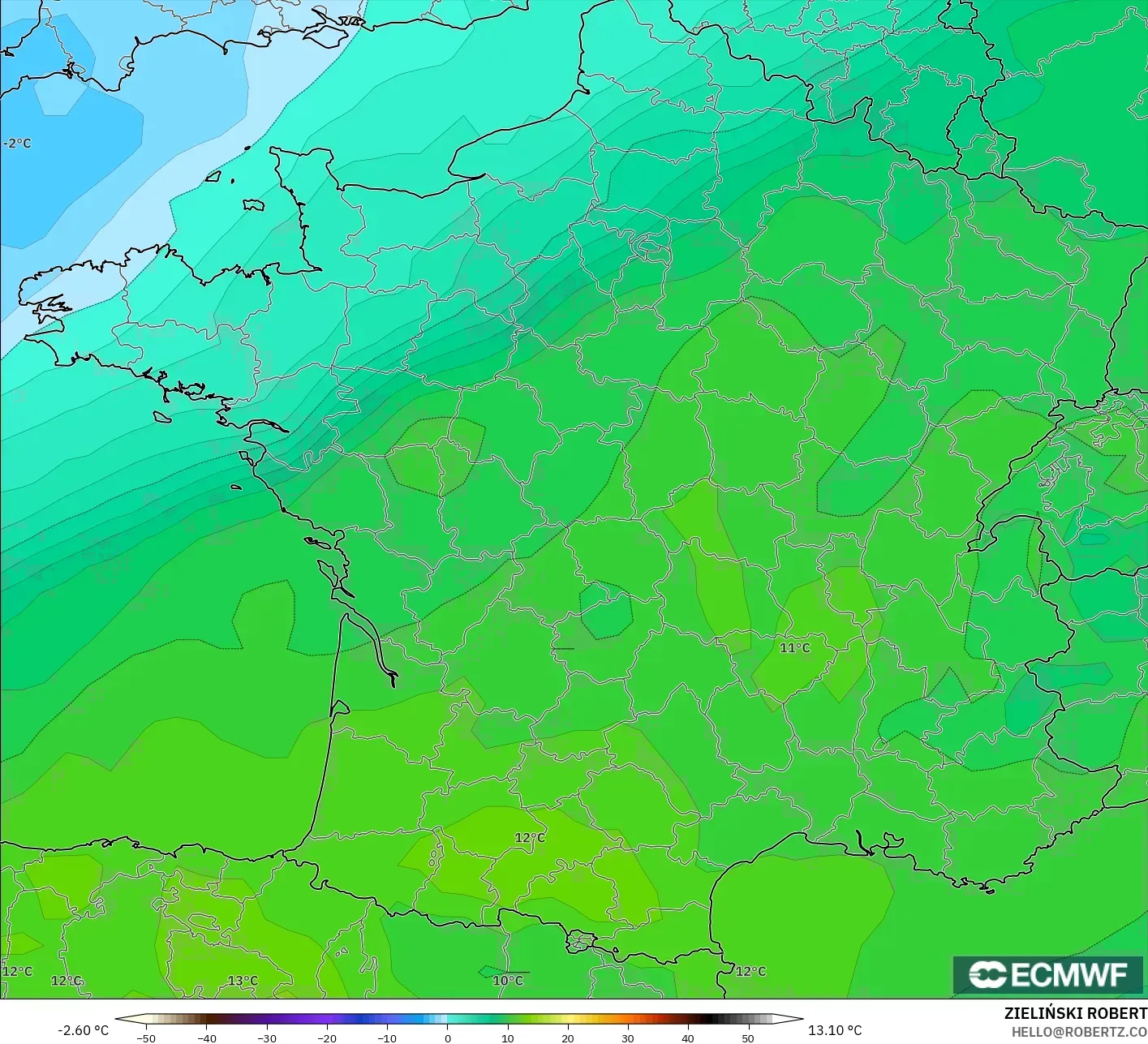 ECMWF IFS 0.25° modelo - Francia, Temperatura a 850 hPa