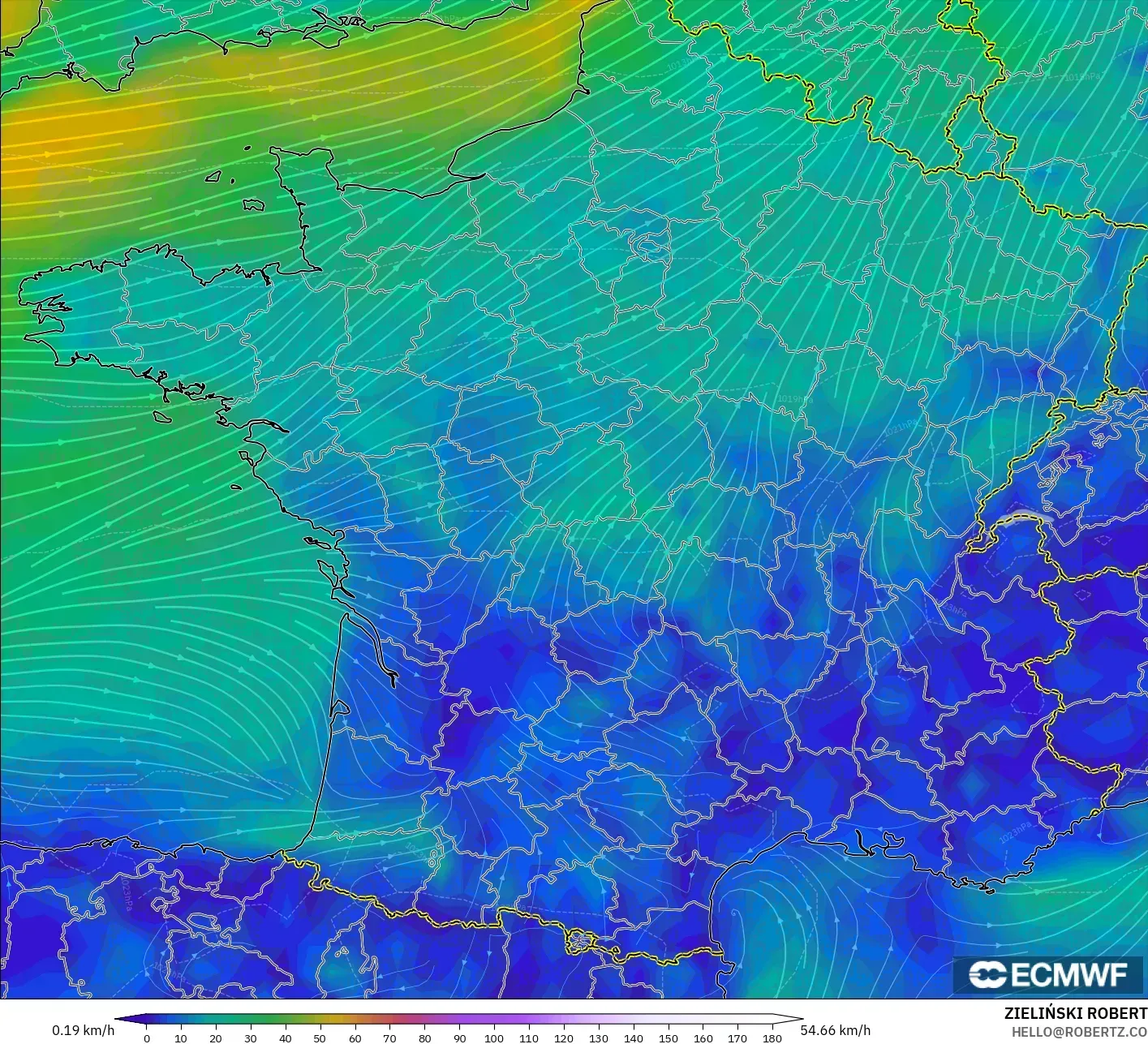 ECMWF IFS 0.25° modelo - Francia, Viento a 10 m