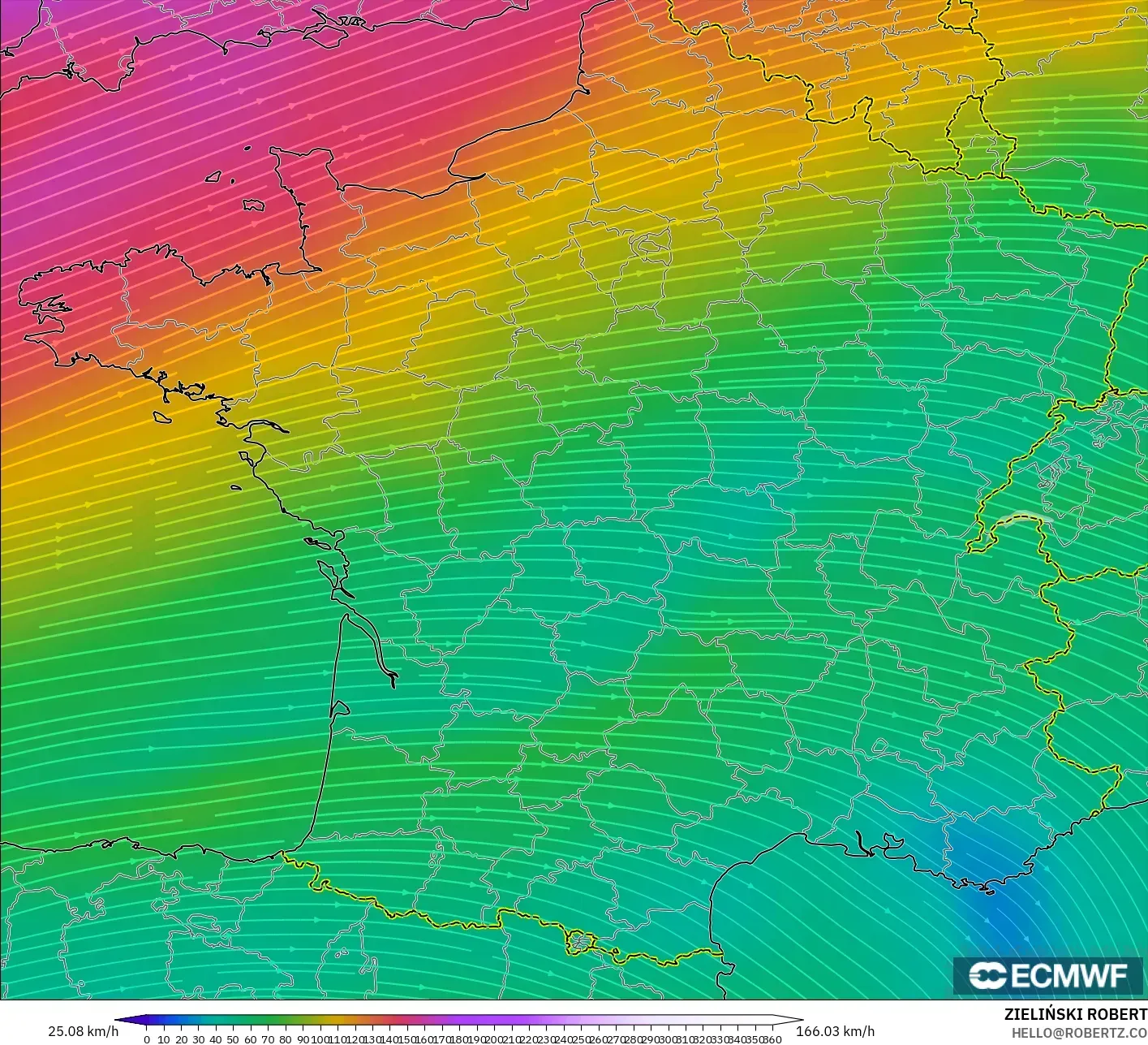 ECMWF IFS 0.25° modelo - Francia, Viento a 300 hPa (corriente en chorro)