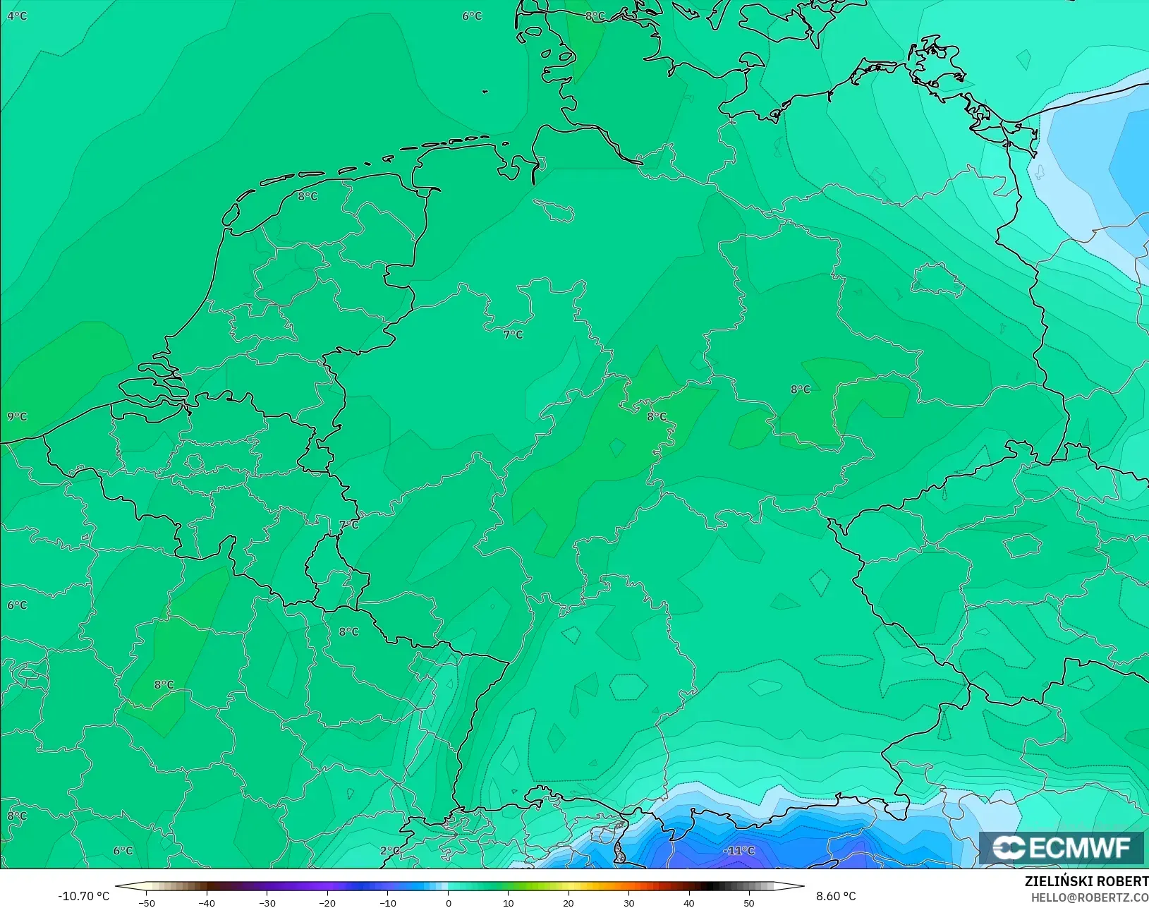 ECMWF IFS 0.25° modelo - Alemania, Punto de rocío a 2 m