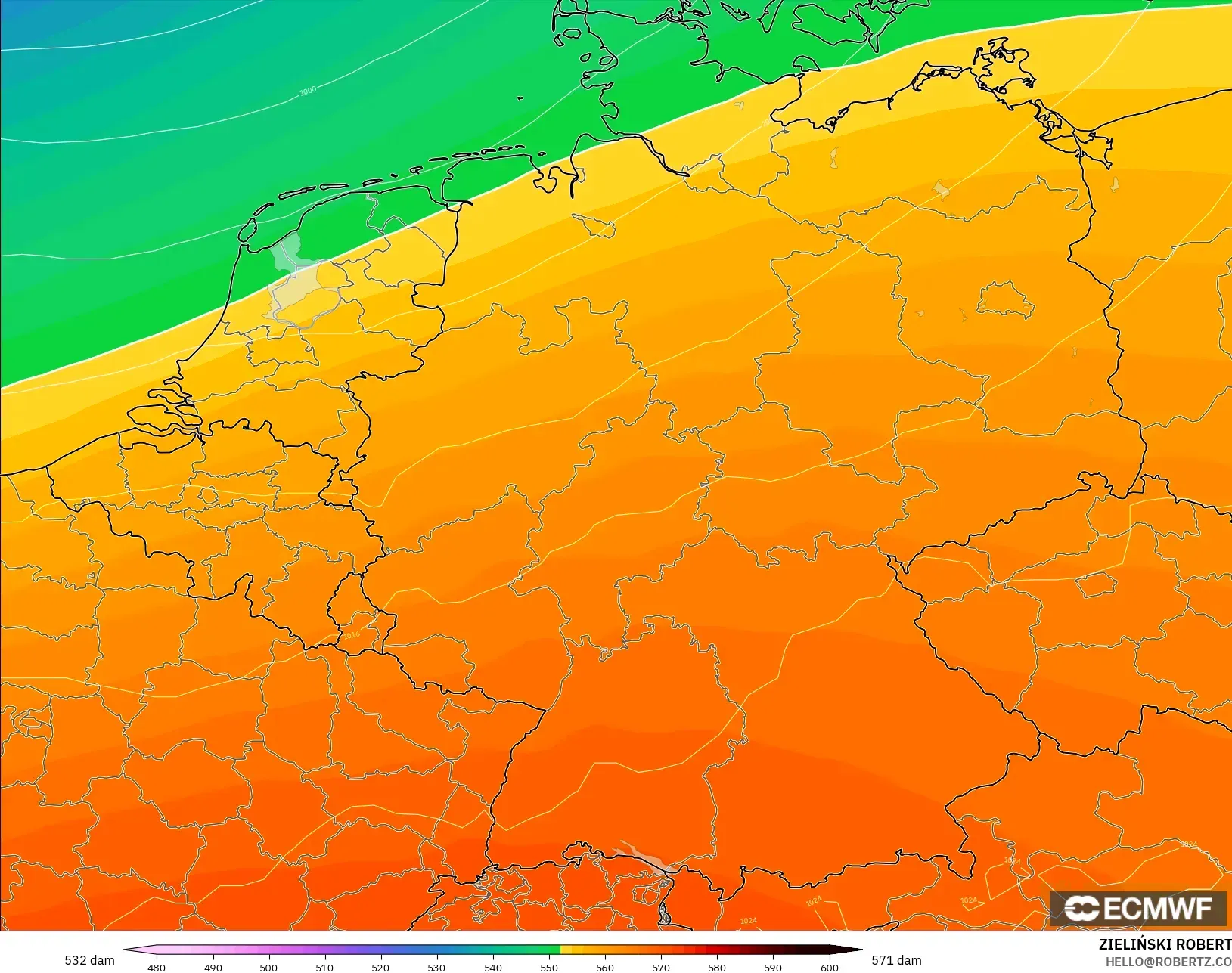ECMWF IFS 0.25° modelo - Alemania, Altura geopotencial a 500 hPa