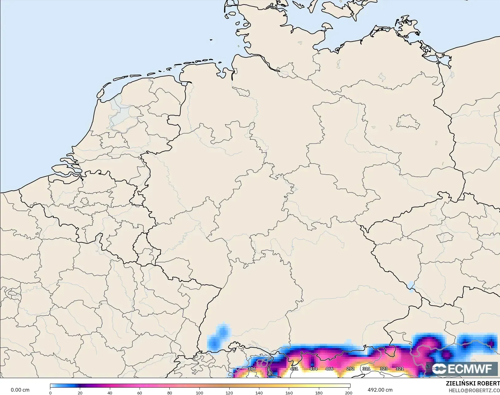 ECMWF IFS 0.25° modelo - Alemania, Profundidad de nieve