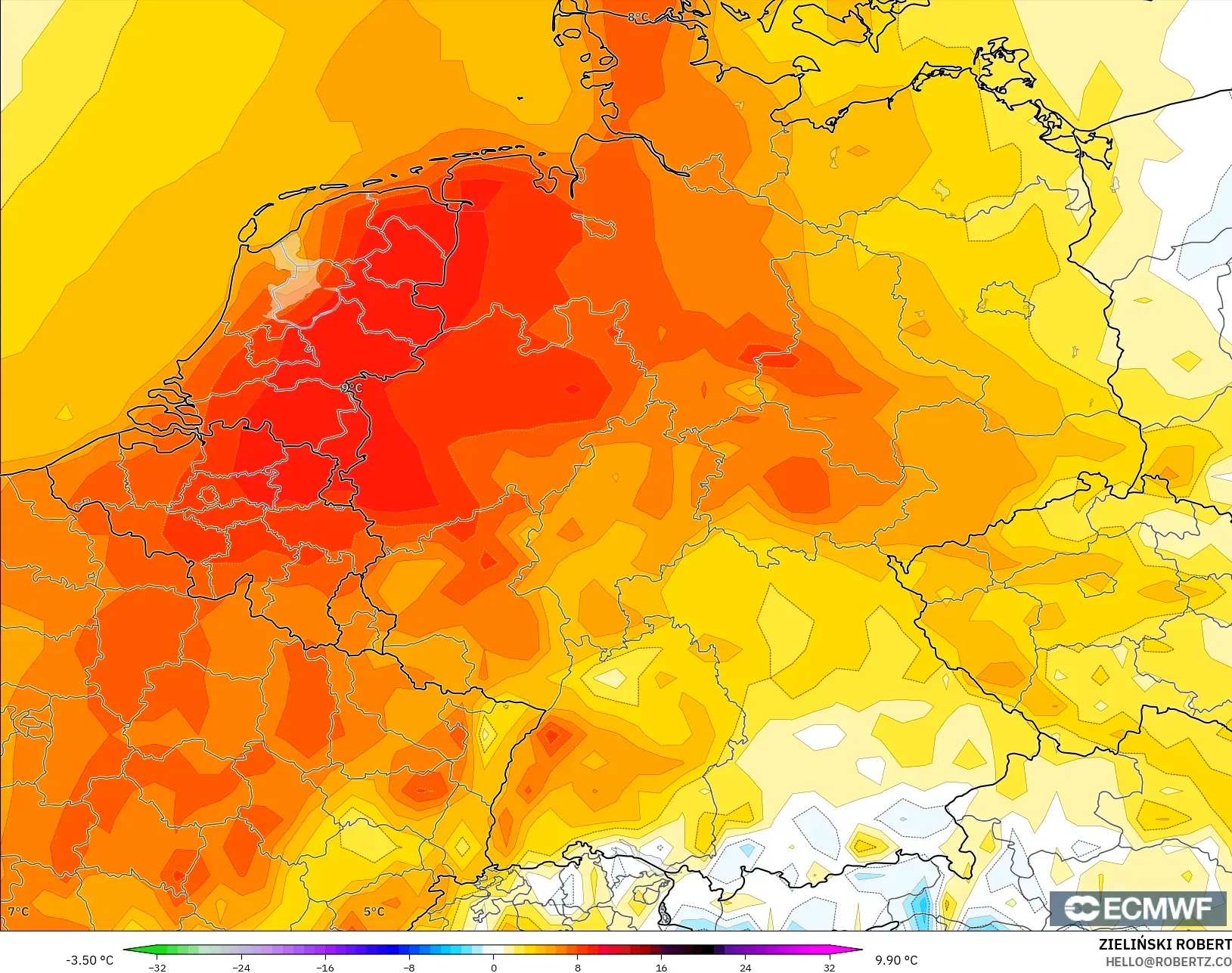 ECMWF IFS 0.25° modelo - Alemania, Anomalía de temperatura a 2 m