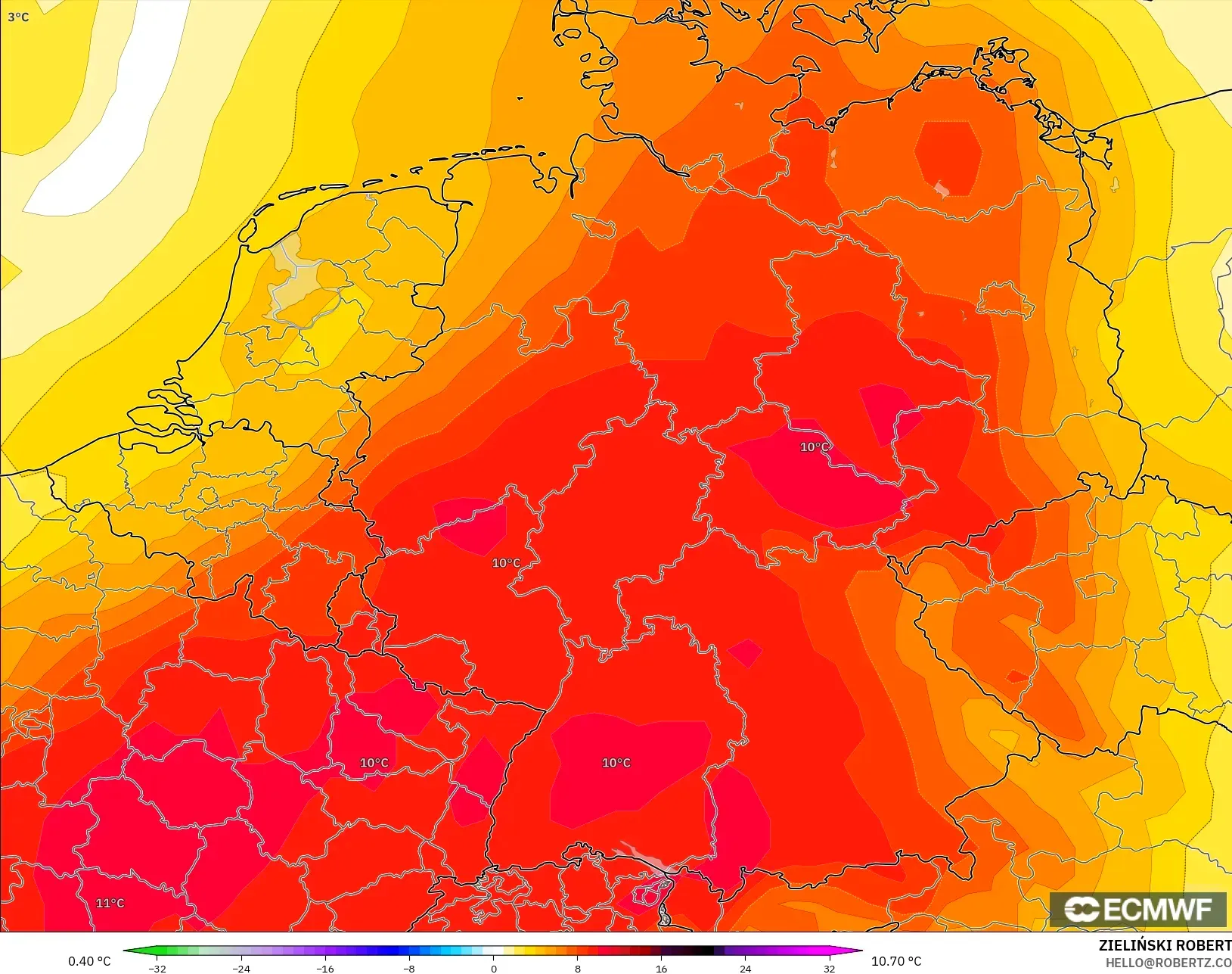 ECMWF IFS 0.25° modelo - Alemania, Anomalía de temperatura a 850 hPa