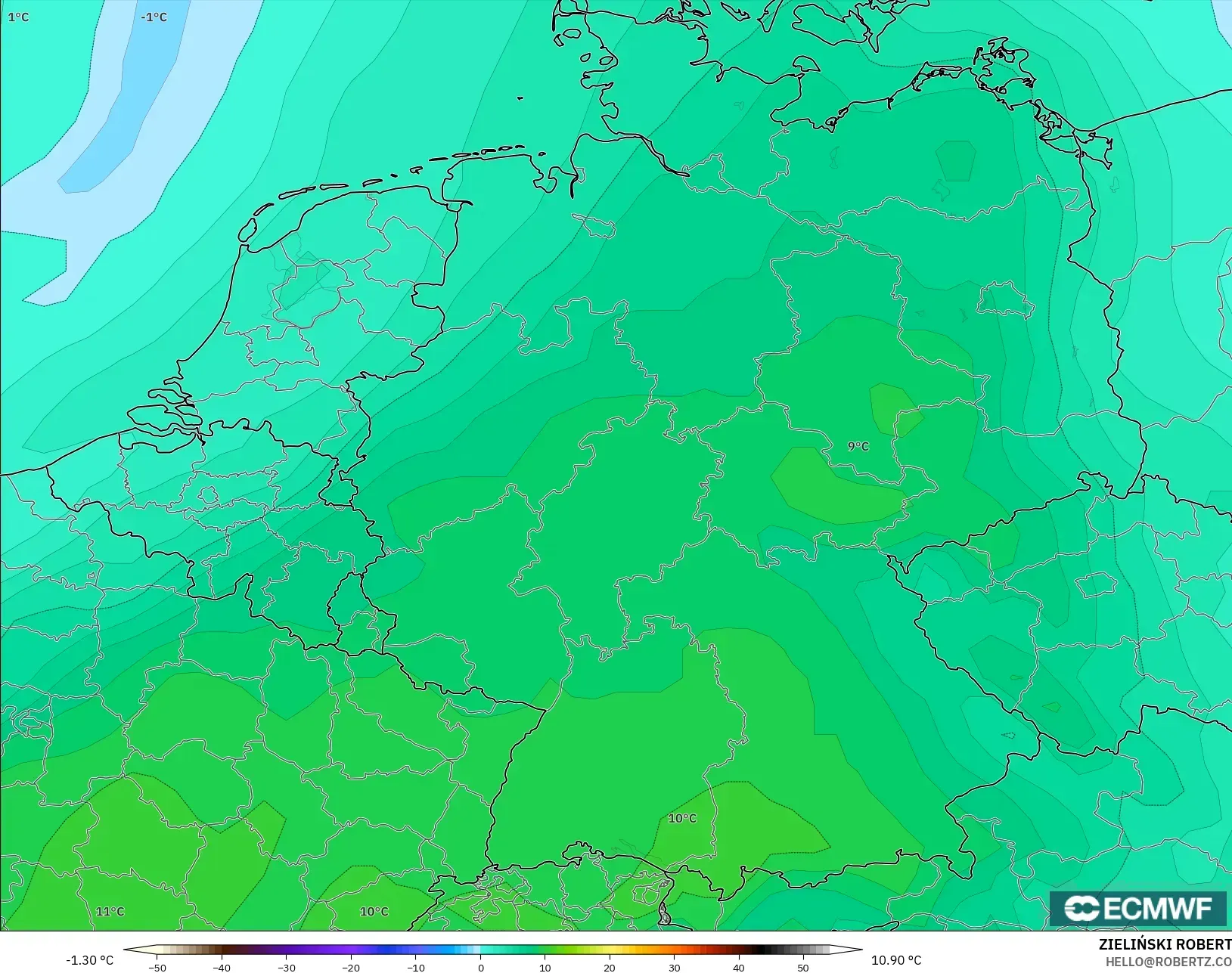 ECMWF IFS 0.25° modelo - Alemania, Temperatura a 850 hPa