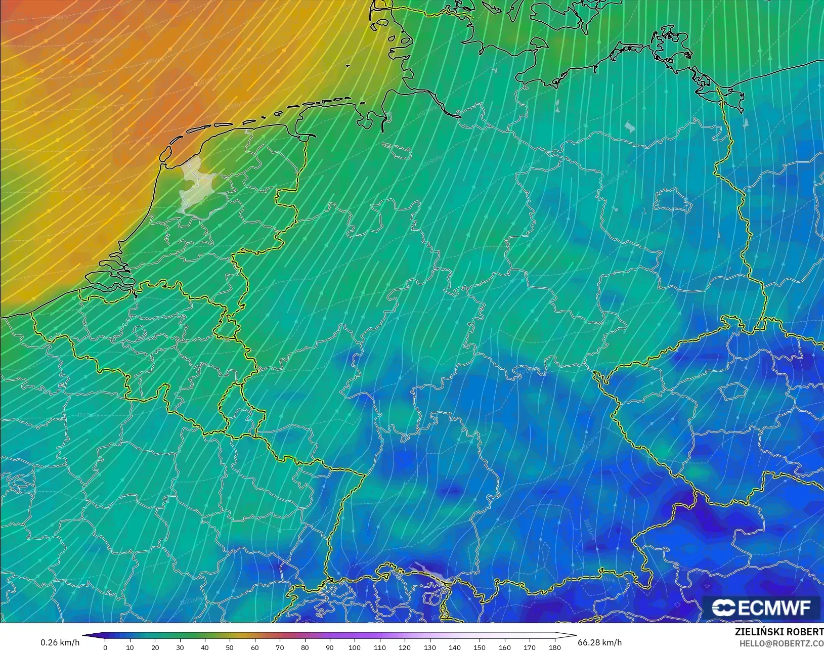 ECMWF IFS 0.25° modelo - Alemania, Viento a 10 m