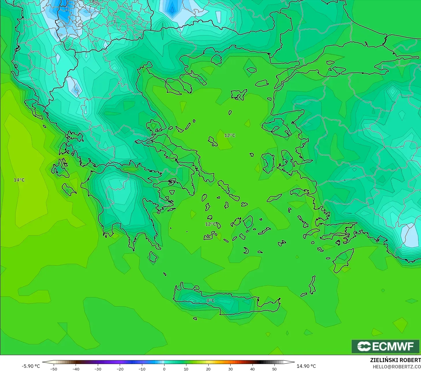 ECMWF IFS 0.25° modelo - Grecia, Punto de rocío a 2 m