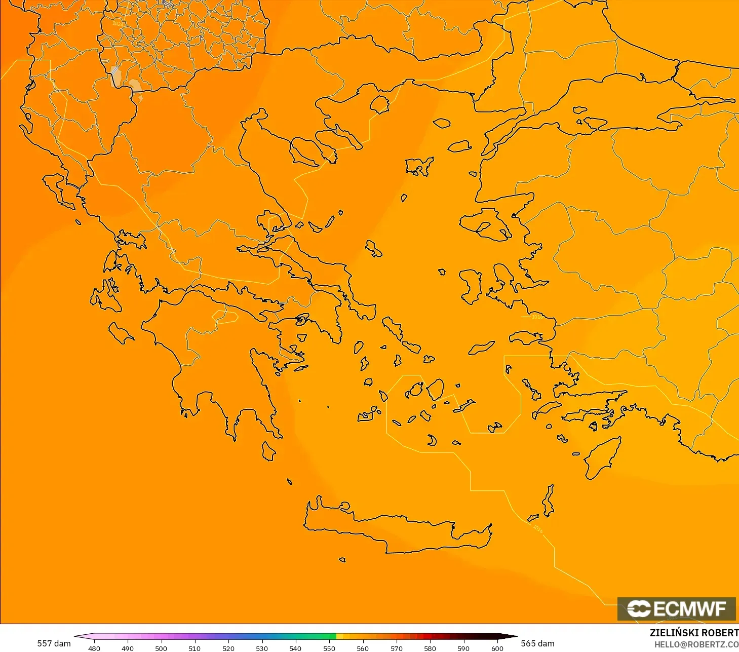 ECMWF IFS 0.25° modelo - Grecia, Altura geopotencial a 500 hPa