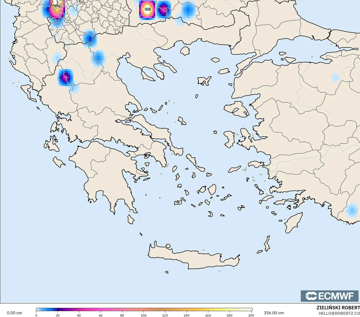 ECMWF IFS 0.25° modelo - Grecia, Profundidad de nieve