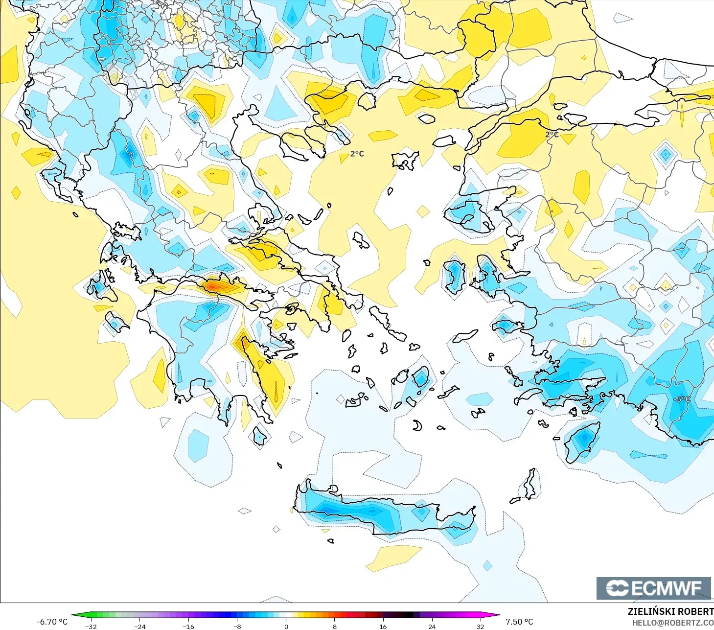 ECMWF IFS 0.25° modelo - Grecia, Anomalía de temperatura a 2 m