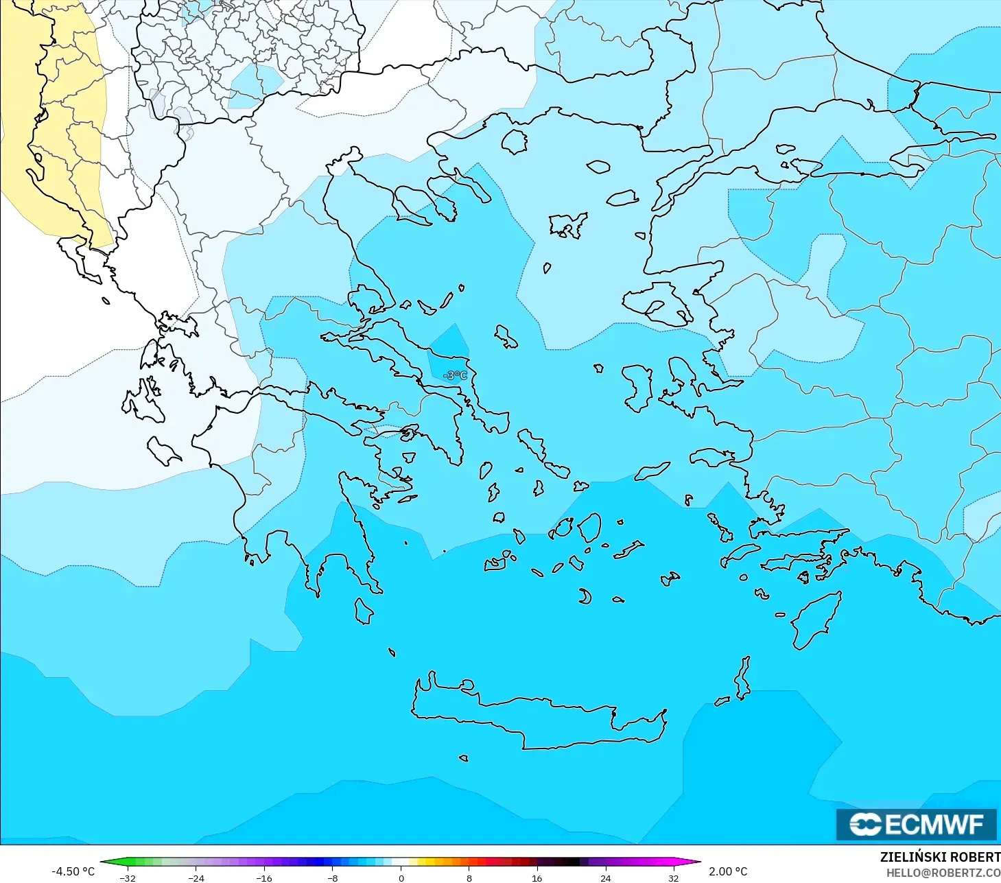 ECMWF IFS 0.25° modelo - Grecia, Anomalía de temperatura a 850 hPa