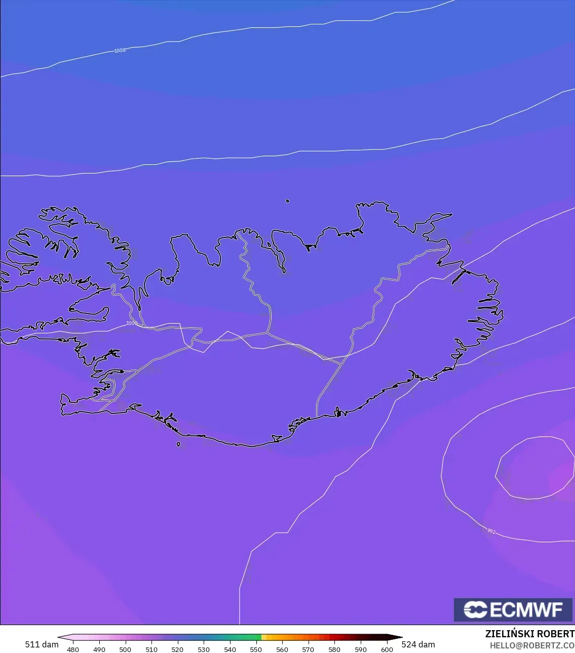 ECMWF IFS 0.25° modelo - Islandia, Altura geopotencial a 500 hPa