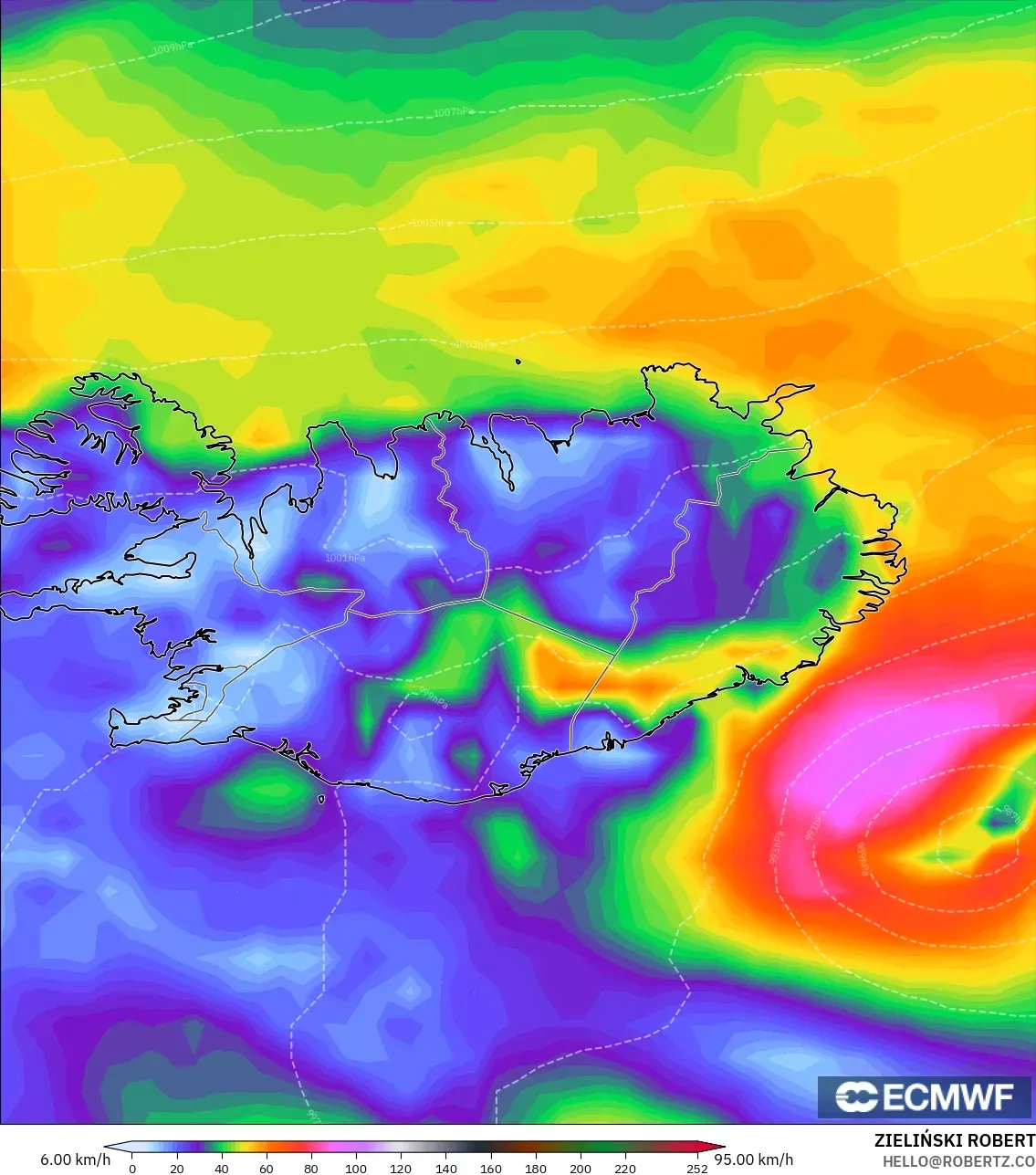ECMWF IFS 0.25° modelo - Islandia, Ráfagas de Viento Máximas