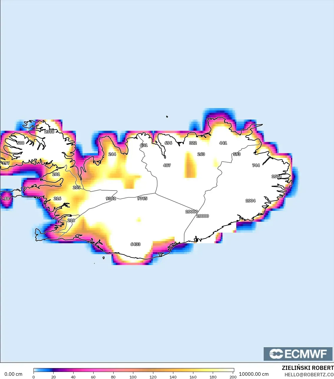 ECMWF IFS 0.25° modelo - Islandia, Profundidad de nieve