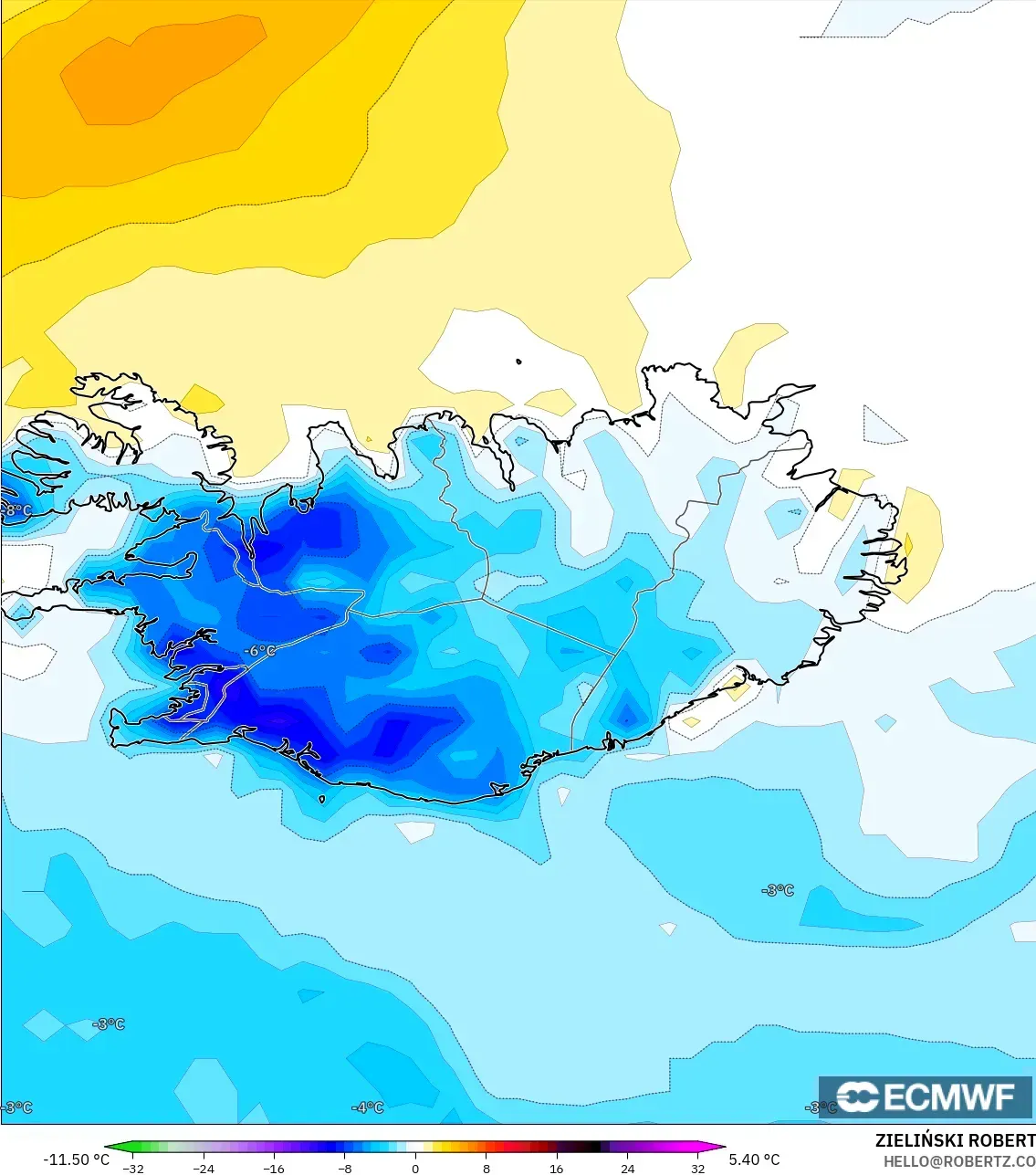 ECMWF IFS 0.25° modelo - Islandia, Anomalía de temperatura a 2 m