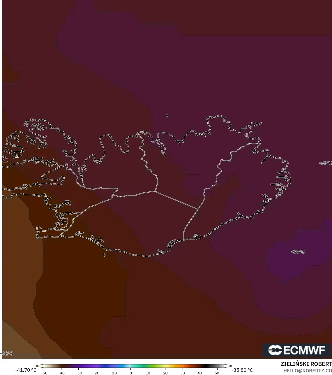 ECMWF IFS 0.25° modelo - Islandia, Temperatura a 500 hPa