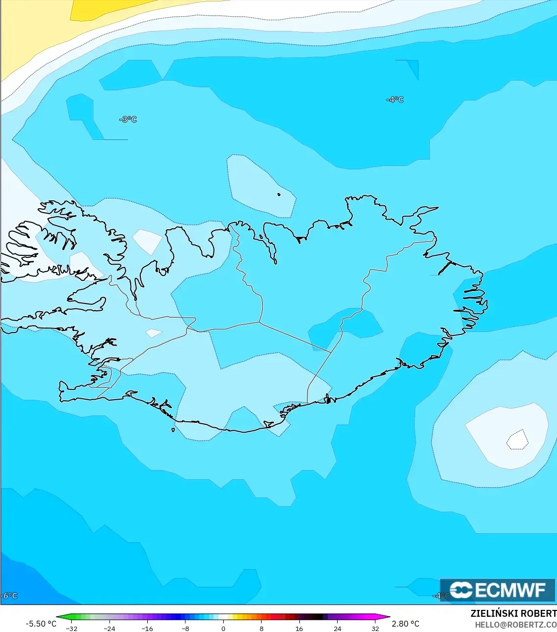ECMWF IFS 0.25° modelo - Islandia, Anomalía de temperatura a 850 hPa
