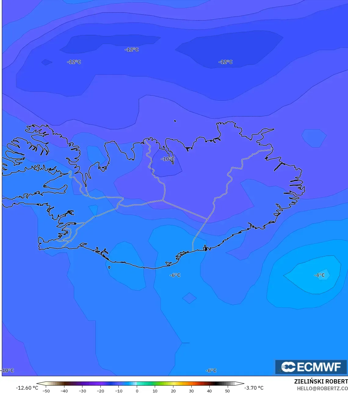 ECMWF IFS 0.25° modelo - Islandia, Temperatura a 850 hPa