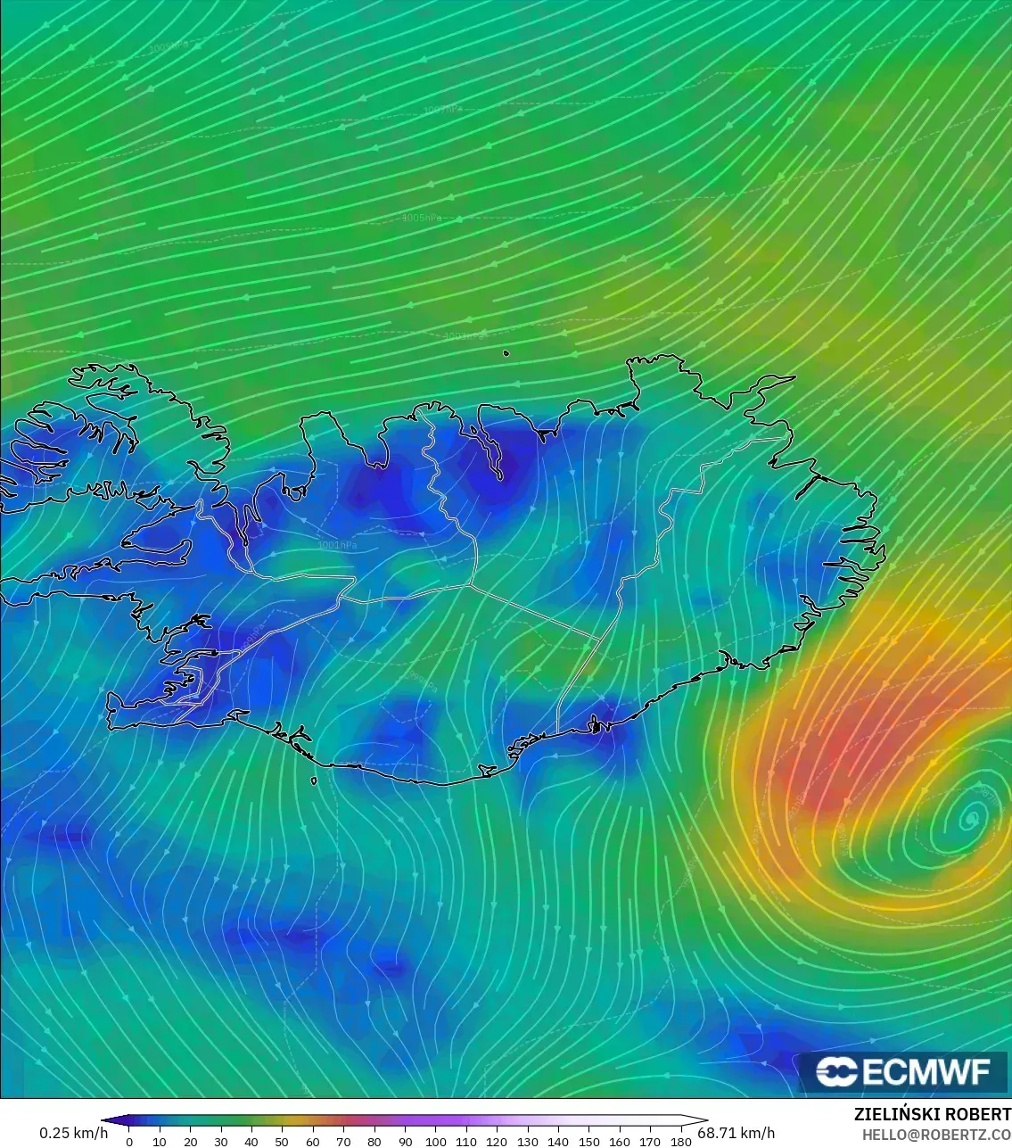 ECMWF IFS 0.25° modelo - Islandia, Viento a 10 m