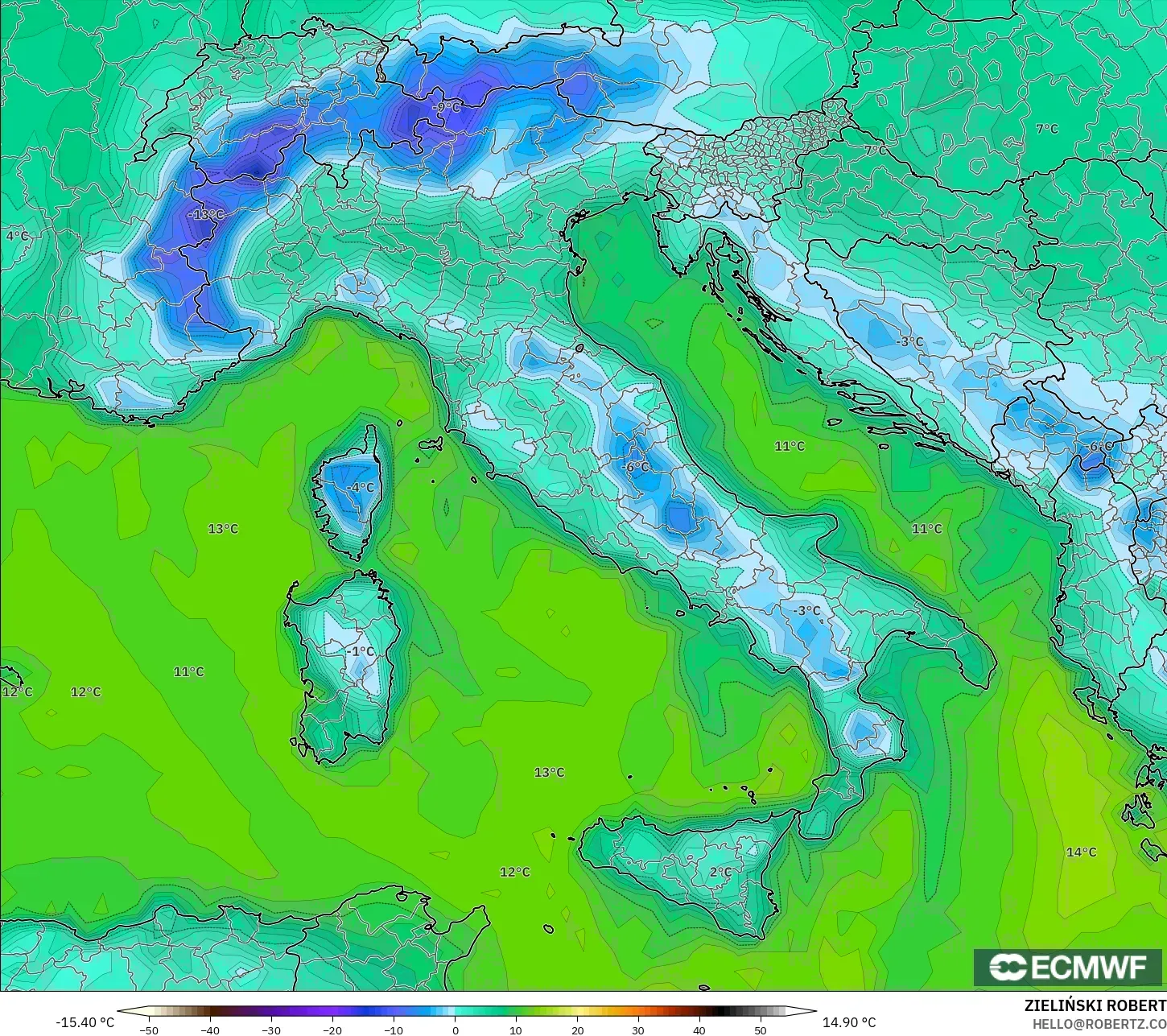 ECMWF IFS 0.25° modelo - Italia, Punto de rocío a 2 m