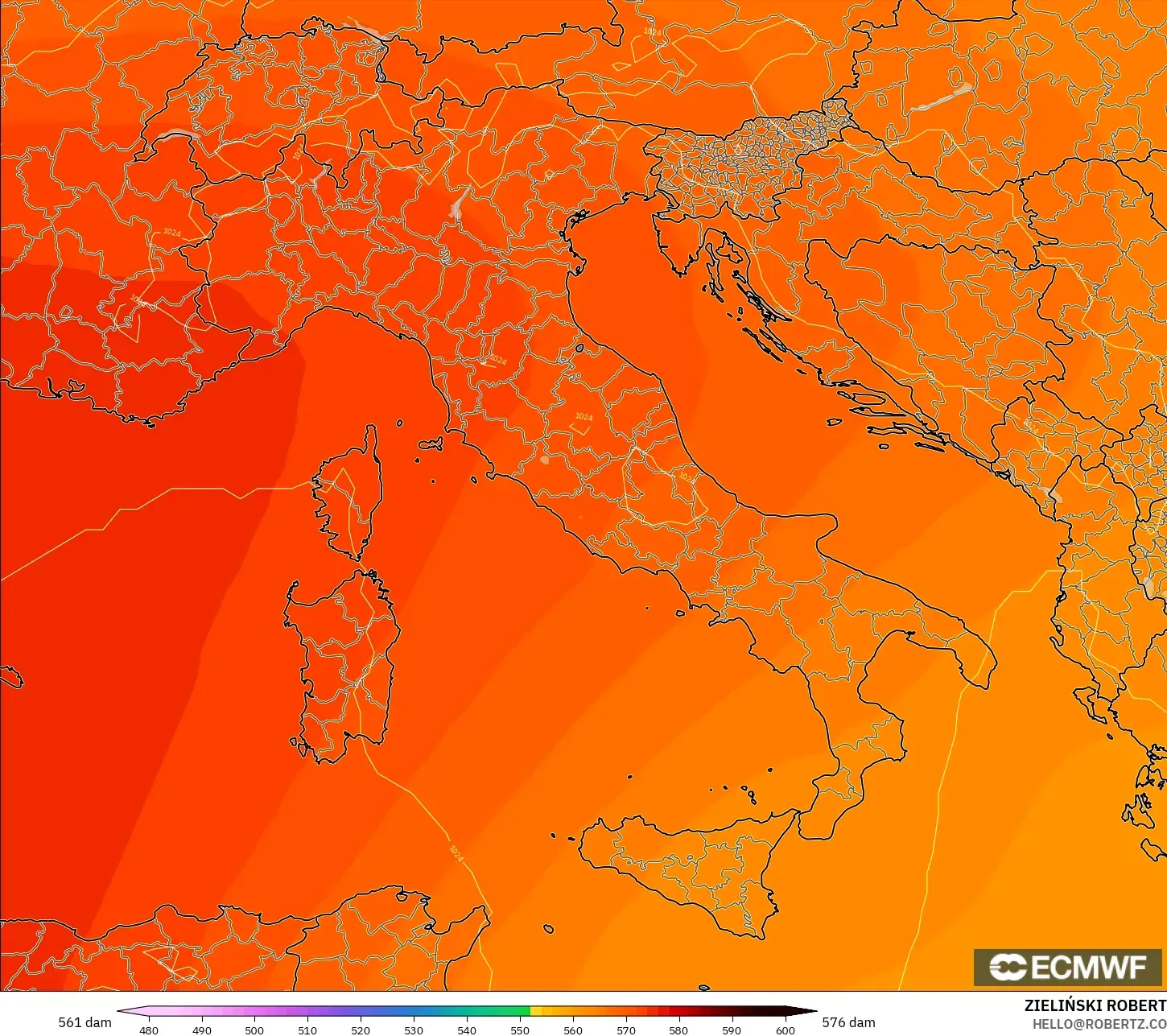 ECMWF IFS 0.25° modelo - Italia, Altura geopotencial a 500 hPa