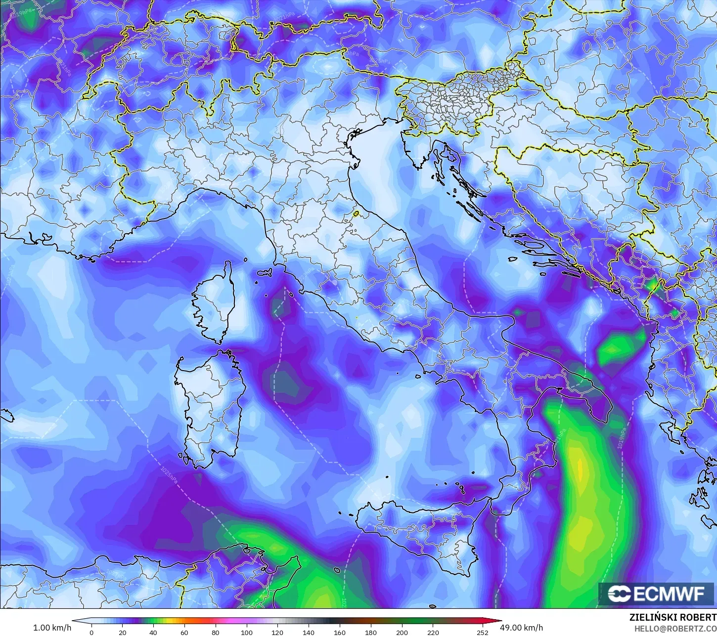 ECMWF IFS 0.25° modelo - Italia, Ráfagas de viento